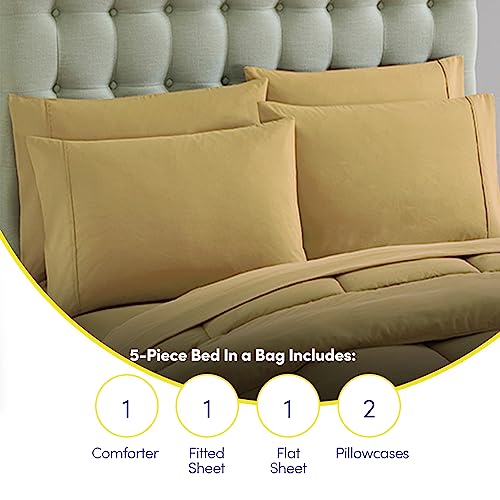 Sweet Home Collection 5 Piece Comforter Set Bag Solid Color All Season Soft Down Alternative Blanket & Luxurious Microfiber Bed Sheets, Camel, Twin