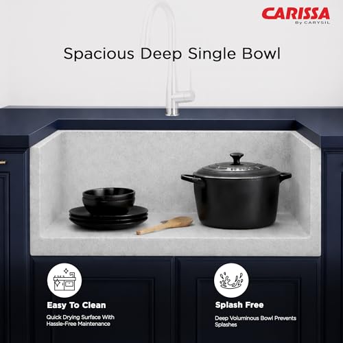 Image of Carissa By Carysil Titanium Max Plus Quartz Kitchen Sink 24 x 18 x 8 inches, Single Bowl Granite Sink with 80% Quartz & 20% Resin, Heat Resistant 300C, 50kg Load Bearing, Stain Resistant - Off White