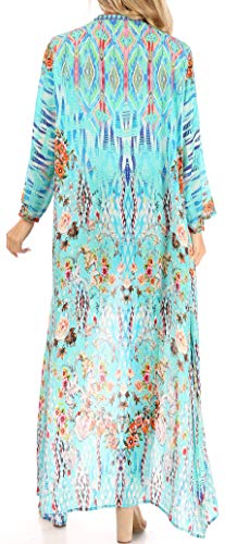 Image of Sakkas Iona Women's Casual Boho Long Kimono Cardigan Open Front Floral Print Loose