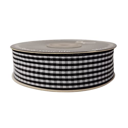 Micomon 1 Inch Black And White Woven Edge Gingham Ribbon 25 Yards Each Roll 100% Polyester (1", Black) #TOP3