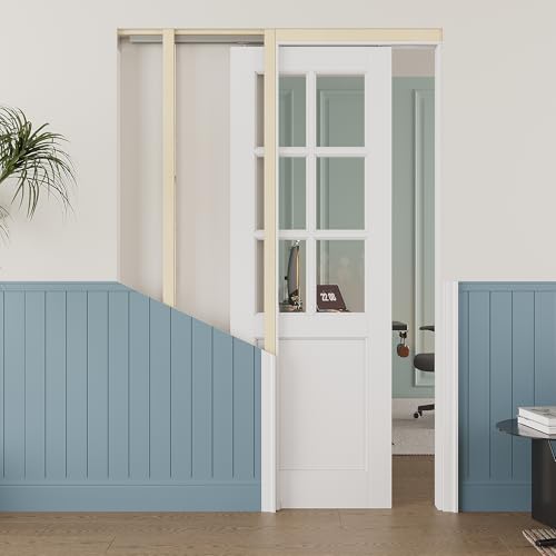 Image of 28 inch x 80 inch 6-Lite Clear Glass Pocket Door, Soft-Close Sliding Pocket Door with Frame & Hardware Kit Set, Primed All-Inclusive Interior Door Slab for Home, White, Need to Assemble