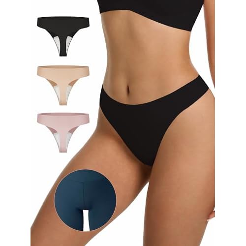 LUCKMEEY Cotton Thongs for Women Seamless Thongs for Women No Show Thong Panty Liners Workout G-String Thongs Underwear 3p-black+oatmilk Skin+peach Pink Medium