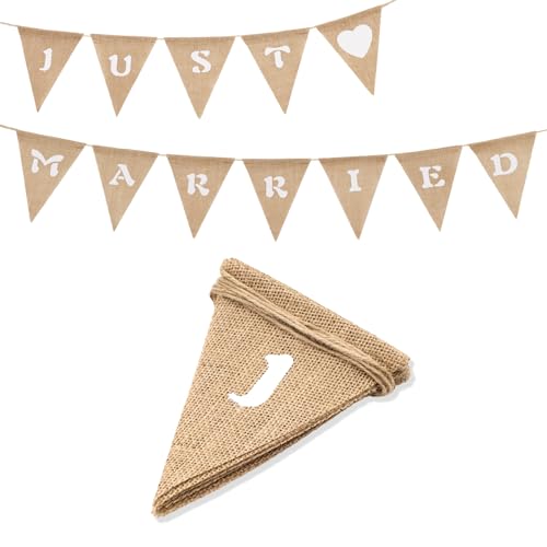 G2PLUS JUST MARRIED Burlap Bunting - 9 Feet Hessian Wedding Banner - Rustic Linen Garlands with 12PCS Jute Triangle Pennants - Vintage Cloth Shabby Chic Decoration for Rustic Wedding