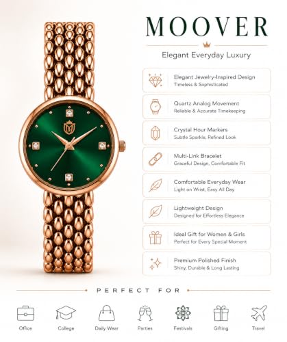 Image of MOOVER Analog Watch for Women & Girls | Luxury Bracelet Style Ladies Wrist Watch | Crystal Dial with Premium Stainless Steel Chain Strap | Fashion Watch for Daily Wear, Party & Gift