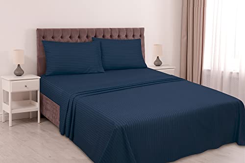 Image of ROYALE LINENS 4 Piece Queen Sheets Set - Soft Brushed 1800 Microfiber Bedding - 1 Fitted, 1 Flat Sheet, 2 Pillow Cases - Wrinkle Free & Fade Resistant - Hotel Luxury Bed Sheets (Stripe Navy, Queen)
