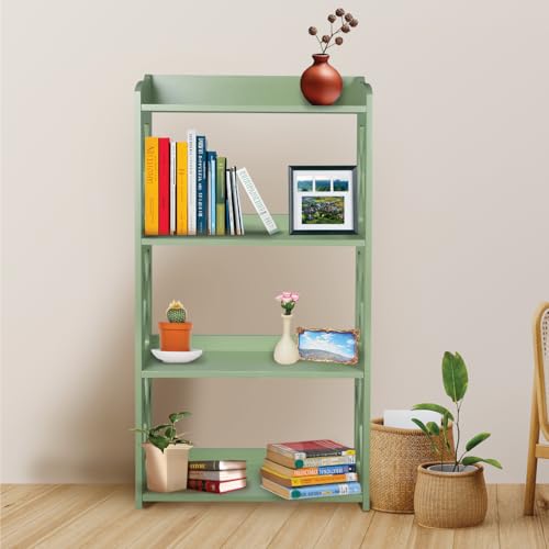 Image of Green Bookcase by Natural Wood, 4 Tier Bookshelf, Small Book Shelves Freestanding Display Storage Shelves. Open Bookshelf for Bedroom, Living Room and Office (Green, 4 Tier)