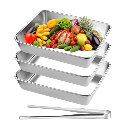 Panierschalen Set 3-teilig，Suuwwn Panierstraße Edelstahl Backblech Schale zum Panieren Edelstahl Schale Rechteckig für Schnitzel,Fleisch,Fisch（25*20*5.5cm）