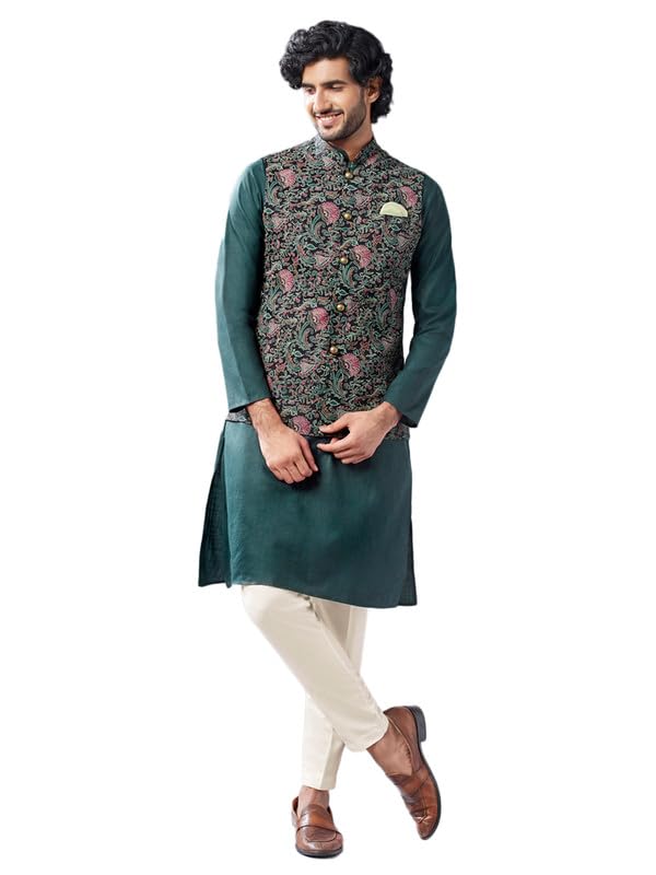 Kisah Kurta Jacket Set For Men  Printed Pure Cotton Ethnic Set With Trouser | Traditional Indian Outfit For Weddings, Festive & Semi-Formal Wear, Black, 44