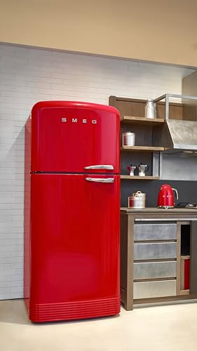 Image of Smeg FAB50 Retro Style Refrigerator - 19.28 cu. ft. Freestanding Fridge-Freezer, Dual Cooling, No-Frost, Adjustable Glass Shelves, Chrome Handle - Red - Made in Italy