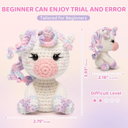 Image of Mewaii Crochet Kit for Beginners Level 2 with 40% Extra Eco-Friendly Pre-Started Easy Yarn, Step-by-Step Video Tutorials for Adults and Kids (Pastel Unicorn)