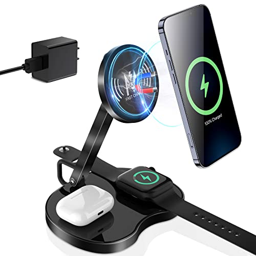 KKM 3 in 1 Wireless Charging Station, Qi Certified 18W Magnetic Fast Wireless Charger with QC3.0 Adapter Compatible for iPhone13 Pro Max/13 Pro/13/12 Mini AirPods/iWatch -Black
