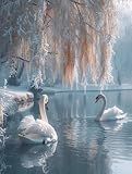 River Diamond Art Kits for Adults, Diamond Painting Swan Gem Arts and Crafts for Adults, 5D Square Full Drill Crystal Embroidery Paintings Pictures, Hobbies for women, Home Wall Decor 12x16in -7zZ