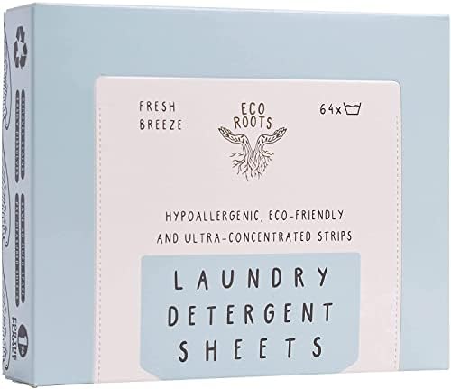 ECO ROOTS Laundry Detergent Sheets 64 loads | ECO FRIENDLY Natural Fresh Breeze Scent Washer Sheet, Liquidless Travel Size Laundry Strips Detergent, Zero Waste Sheets Plastic Free Sustainable Products