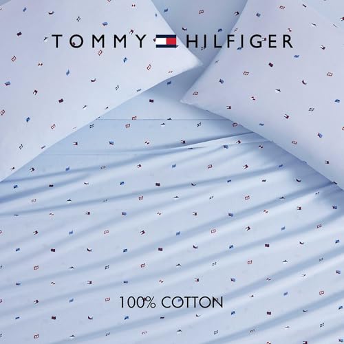 Image of Tommy Hilfiger - King Size Sheet Set, Soft Cotton Percale Bedding with Crisp Cooling Comfort, Deep Pocket Fitted Sheet with Matching Pillowcases, Americana Decor (Nautical Flag Blue)