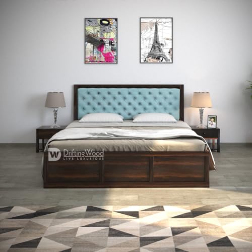 Image of DRIFTINGWOOD Dolvi Solid Sheesham Wood Queen Size Bed with Storage | Wooden Double Bed Cot Bed with Box Storage & Matt Cyan Velvet Upholstered Cushioned Headboard for Bedroom | Walnut Finish