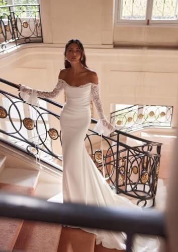 Off Shoulder Lace Applique Wedding Dress for Bride Strapless A-Line Satin Pleated Tulle Bridal Ball Gown with Corset3