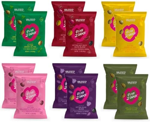 Valesco, O'Live 2 Snack Pitted Olives Variety Pack, 6 Flavors, 1 oz (12 Pouches)