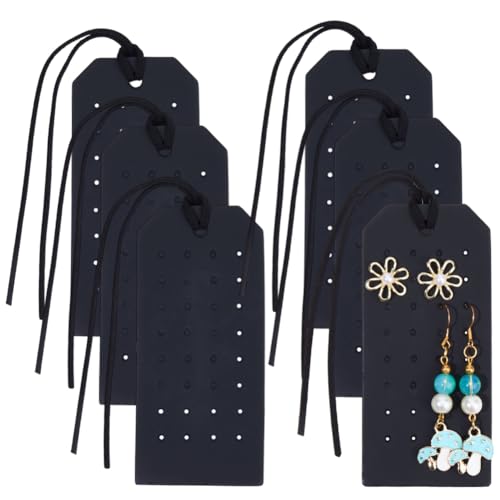 CALFOVERA 6Pcs Portable PU Leather Earring Holders 11 x 5cm Earring Organizer Hanging Case 32 Holes Rectangle with Cord Stud Display Cards for Women Travel Jewlery Storage (Black)