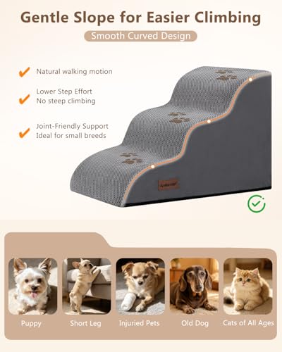 Image of Aodisman Dog Stairs for Small Dogs,3 Step Dog Ramp for Couch,Non-Slip Steps | Pet stairs help small dogs, old cats, and puppies reach couches and chairs easily, durable indoor dog steps,15.4 inch H,Grey