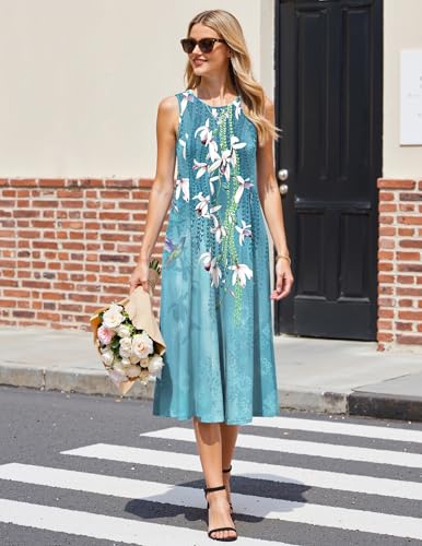 Image of HOTOUCH Summer Casual Dresses for Women Sleeveless Midi Dress Swing Tank Sundress Pleated Tshirt Dress with Pockets