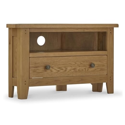 RoselandFurniture Broadway Oak Corner TV Unit | Traditional Country Rustic 90cm Wide Solid Wooden Television Cabinet with Storage for Media, Ready Assembled Living Room Furniture