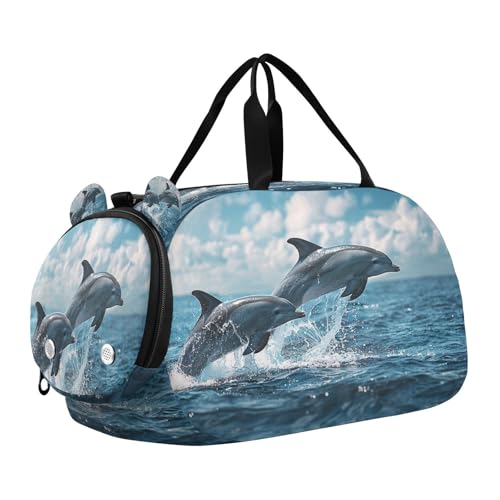 YETTASBIN Sport Travel Duffel Bag for Girls Boys, Dolphin Large Waterproof Weekender Overnight Bag, Detachable Shoulder Strap Gym Bag with Shoe Compartment & Wet Pocket