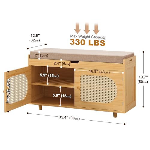 Rattan Shoe Storage Bench Entryway Bench with Storage, Shoe Bench Shoe Cabinet Storage for Entryway, Shoe Rack Bench Shoe Organizer Cabinet with Cushion for Entrance, Hallway, Living Room, Bedroom