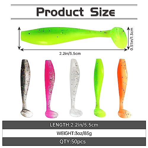 MAFIMOEA 50 Pcs Soft Fishing Lures Plastic Paddle Tail Swim Baits Kit for Bass Fishing 5 Mixed Colors Fishing Gear and Equipment (Red) — view 2