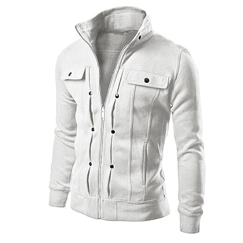 evzosrz Mens Zip Up Jackets Sweatshirts Fashion Casual Slim Fit Faux Leather Bombers Warm Fall Winter Motorcycle Lapel Coats White