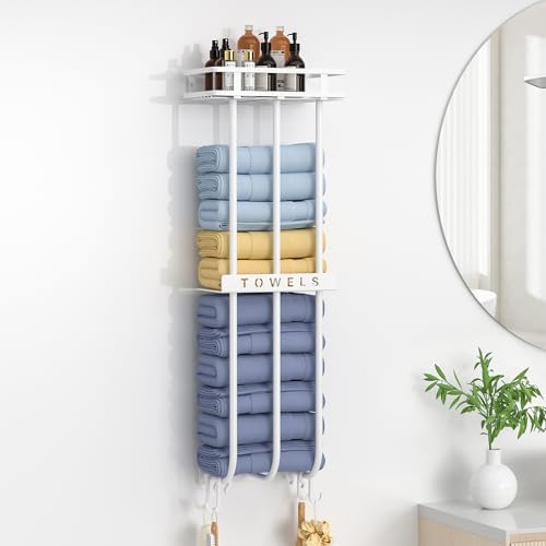 24 Inch Wall Mounted Towel Rack With Shelf & 4 Hooks - Foldable Laundry Drying Rack, Holds 88 Lbs, White | Space Saving