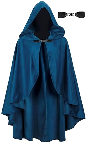 UQJE Medieval Cloak with Hood Faux Velvet Cape for Renaissance Blue