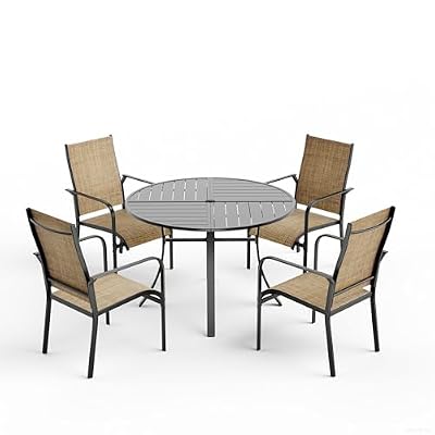 BUPPLEE 5-Piece Outdoor Dining Table Set for 4,Round Table with Umbrella Hole & 4pcs Textilene Chairs - Patio Outdoor Furniture for Porch,Backyard, Garden, Poolside and Deck-Brown