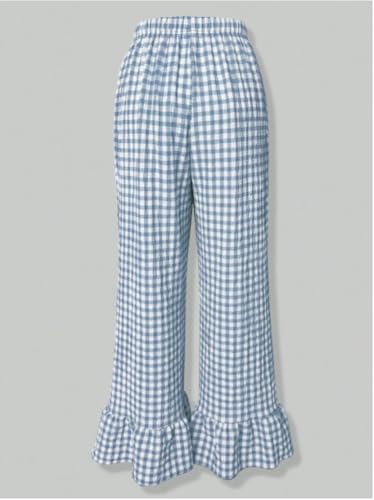 chouyatou Women's Vintage Plaid Wide Leg Pants Flare Ruffle Hem Elastic Waist Long Palazzo Pants2