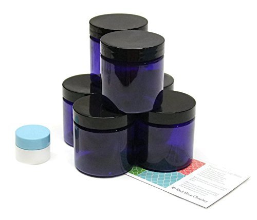 Cobalt Blue 4 Ounce PET Plastic Jars with Black Lids, and 1 Mini Jar, 6 Pack