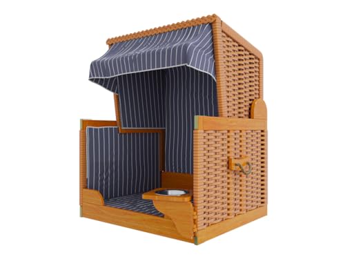Outgarden Hundestrandkorb Kieferholz|Hundehütte inkl. Schützhülle|Schwenkbarer Wasser-/Futternapf|Sonnenschutz für Hunde & Katzen|Braun mit Dunkelblau-weißen Streifen- Perfekt für kleine Hunde