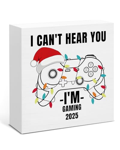 Image of Gaming Christmas Decor, Gamer Gifts, I Can't Hear You I'm Gaming Wood Box Sign, Christmas Home Office Decorations for Desk Table Shelf 5 X 5 Inches
