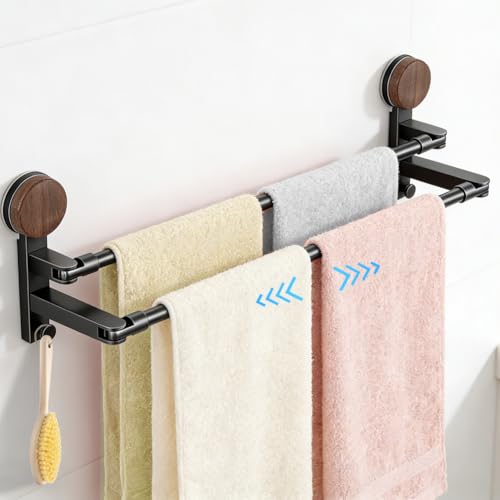 Handtuchhalter Ohne Bohren, Doppelte Handtuchstange mit Verstellbarer Länge 50-97cm, Ausziehbar Handtuchhalter Saugnapf mit 2 Haken, Ohne Bohren oder Kleben für Wand Tür Bad, Küche, Dusche