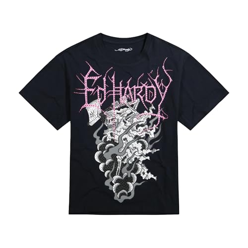 ED HARDY Men's Boxy Short Sleeve Graphic Tee (Black Reaper Ghost, X-Large)