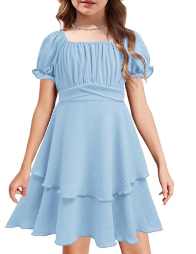Arshiner Mädchen Kleid Kurzarm Sommerkleider Blau Chiffonkleid...