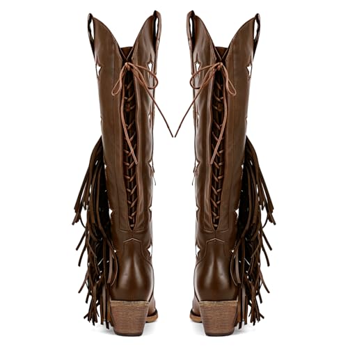 Image of richealnini Western Thigh High Cowboy Boots with Fringe Over Knee Wide Calf Cowgirl Boots