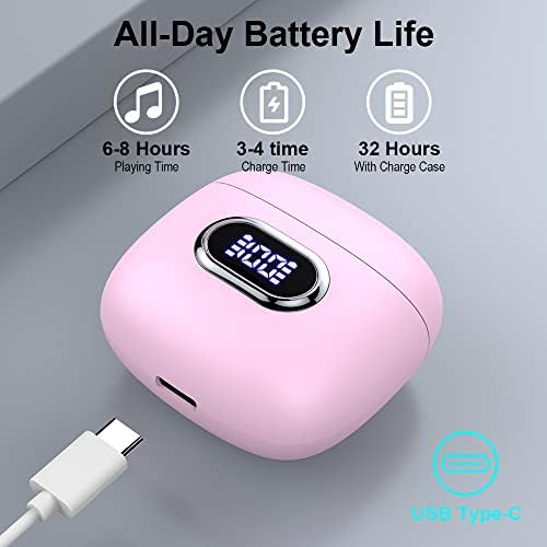 Lrecat Wireless Earbuds, Bluetooth 5.3 Headphones with Mic, In Ear Wireless Headphones HiFi Stereo Sound, Wireless Earphones with LED Display,USB-C,Touch Control, IP7 Waterproof, 32H Playtime, Pink