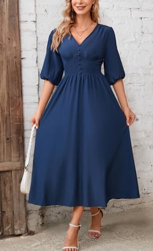 Kormei Women Casual Boho V Neck 3/4 Sleeve Smocked Waist A Line Flowy Swing Midi Dress Smocked Long Dress4