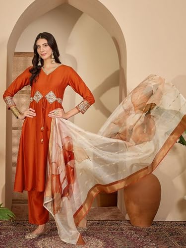 Image of EthnicJunction Women's Cotton Silk Embroidered Anarkali Kurta Palazzo with Digital Print Dupatta Set