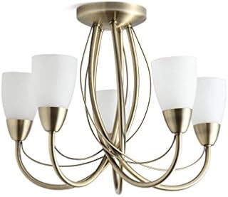 LITECRAFT Semi Flush Madrid Decorative Arm Ceiling Light Satin Nickel Lamp with Frosted Glass Shades (Antique Brass, 5 Light)