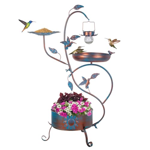 dreamysoul Metal Bird Bath for Outside, Birdbaths Outdoors with Planter and Feeder, Garden Blue Bird Baths with Solar Lights
