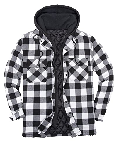 Hooded Flannel Jacket Men Full Zip Up Quilted Lined Flannel Shirt Buffalo Plaid Jackets for Men Black and White L