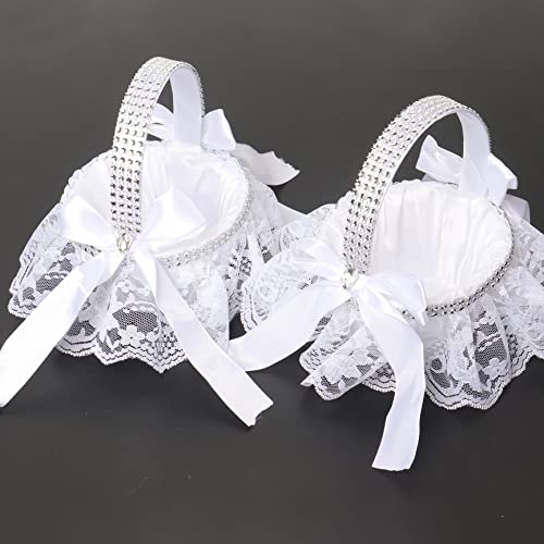 2PCS White Flower Girl Basket,Wedding Basket with Bows and Lace, Flower Girl Basket for Wedding Ceremony Party