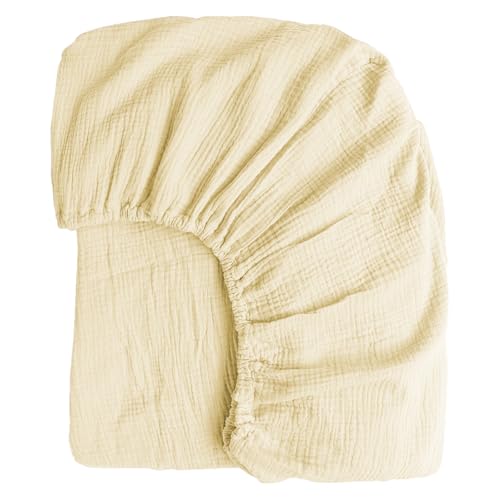 Boqingzhu Muslin Baumwolle Spannbettlaken 180x200cm Beige Creme Weiß Atmungsaktiv Weich Hautfreundlich Spannbetttuch Bettlaken für Matraze bis 30cm Boxspringbett Topper