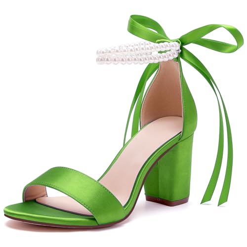 Image of Women's Open Toe Pearl Wedding Shoes for Bride High Heels Sandals Satin Bridal Block Chunky Heels Ankle Strap Prom Evening Party Pumps