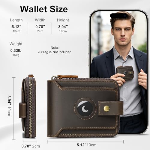 Image of BAIGIO Genuine Leather Wallets for Men with AirTag Holder Multi Card Purse with Zipper Wallet Men RFID Blocking Coin Pocket